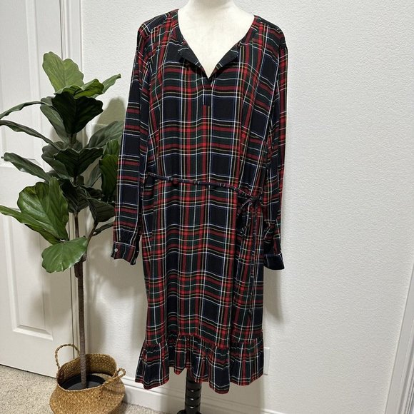 Loft Plus Women's Plaid Flannel Long Sleeve Tie Shift Dress Lined 26 Multicolor - Picture 1 of 9